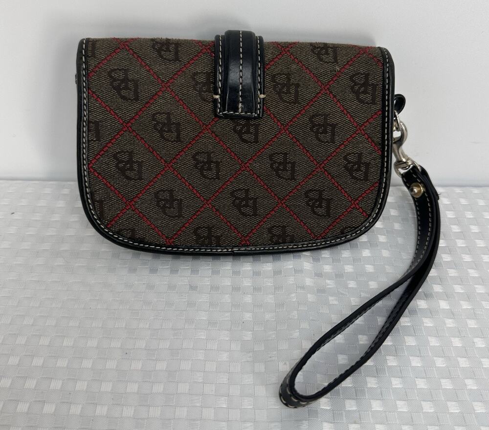 Dooney & Bourke Khaki DB Signature Logo Flap Wristlet Black Leather